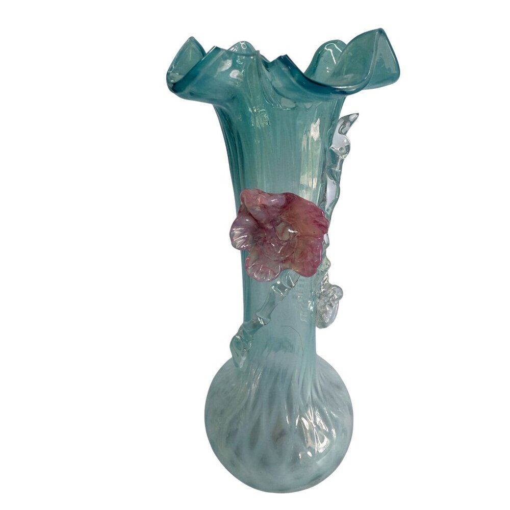 Handcrafted Blue Lace Glass Vase With Pink Rose Embellishment 7" - Picture 7 of 7